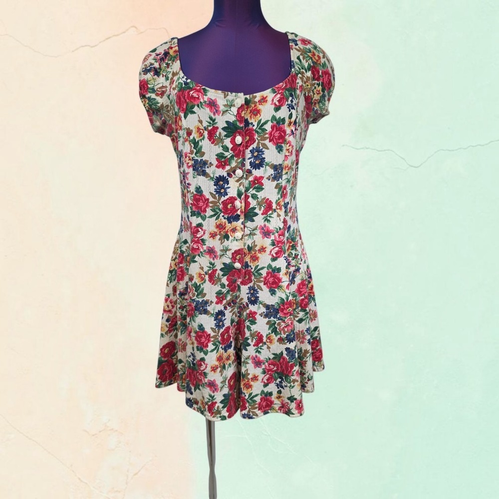 90s Zanoni by Jalate Floral Cotton Romper Pointelle Knit Large Vintage